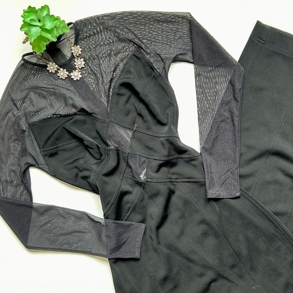 VTG 90s Tadashi Black Mesh Cutout Side Slit Long Sleeve Gown Maxi Dress Size XS - Picture 10 of 10